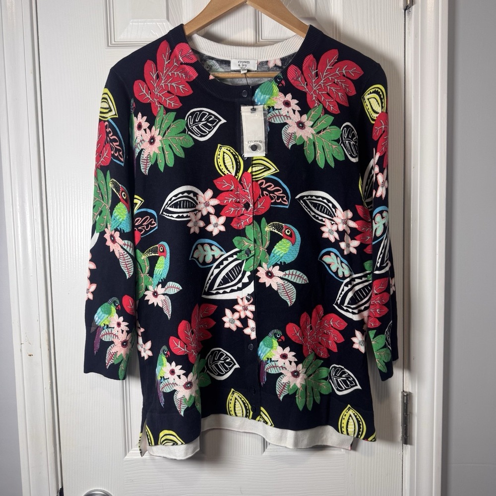 Crown & Ivy Crew Button 3/4 Sleeve Floral Cardigan Sweater Tropical Isle 1x XL